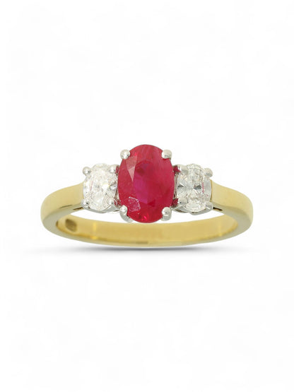Ruby & Diamond Three Stone Ring in 18ct Yellow & White Gold