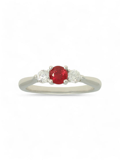 Ruby & Diamond Three Stone Ring with 0.45ct Ruby & 0.28ct Diamonds in 18ct White Gold
