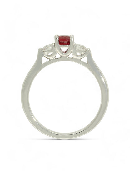 Ruby & Diamond Three Stone Ring with 0.45ct Ruby & 0.28ct Diamonds in 18ct White Gold