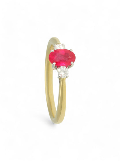 0.66ct Oval Cut Ruby & 0.13ct Round Brilliant Cut Diamond Three Stone Ring in 18ct Yellow & White Gold