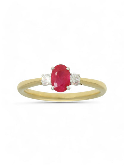 0.66ct Oval Cut Ruby & 0.13ct Round Brilliant Cut Diamond Three Stone Ring in 18ct Yellow & White Gold