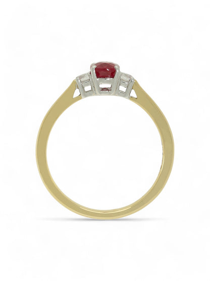 0.66ct Oval Cut Ruby & 0.13ct Round Brilliant Cut Diamond Three Stone Ring in 18ct Yellow & White Gold
