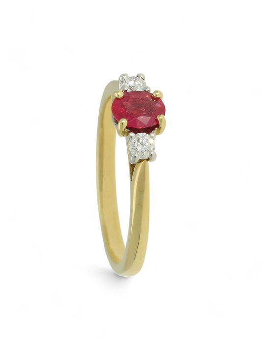 Ruby & Diamond Round Brilliant Three Stone Ring in 18ct Yellow & White Gold