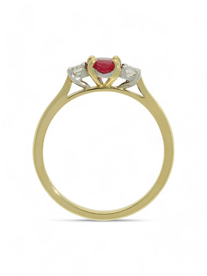 0.48ct Round Brilliant Cut Ruby & 0.14ct Diamond Three Stone Ring in 18ct Yellow & White Gold