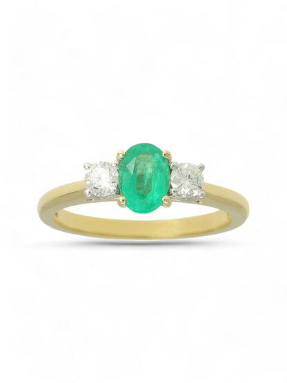 0.58ct Oval Cut Emerald & 0.28ct Round Brilliant Cut Diamond Three Stone Ring in 18ct Yellow & White Gold