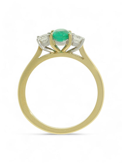 0.58ct Oval Cut Emerald & 0.28ct Round Brilliant Cut Diamond Three Stone Ring in 18ct Yellow & White Gold