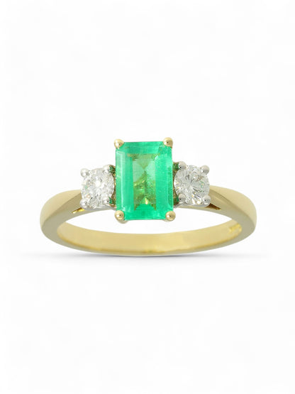 0.80ct Emerald Cut Emerald & 0.31ct Round Brilliant Cut Diamond Three Stone Ring in 18ct Yellow & White Gold