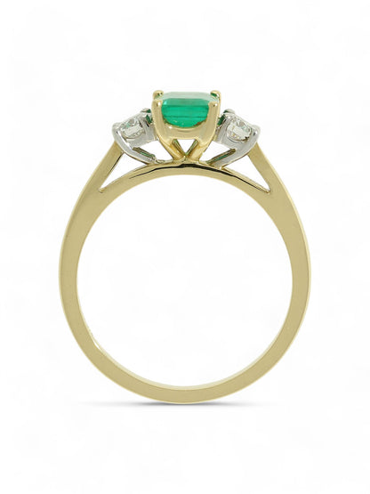 0.80ct Emerald Cut Emerald & 0.31ct Round Brilliant Cut Diamond Three Stone Ring in 18ct Yellow & White Gold