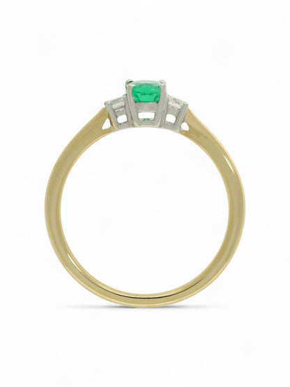 0.45ct Oval Cut Emerald & 0.13ct Round Brilliant Cut Diamond Three Stone Ring in 18ct Yellow & White Gold