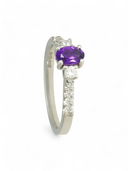 Amethyst & Diamond Three Stone Ring in 18ct White Gold
