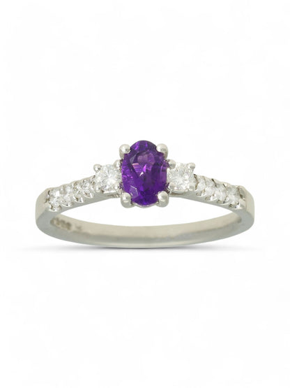 Amethyst & Diamond Three Stone Ring in 18ct White Gold