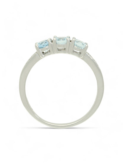 Aquamarine Three Stone Ring with Diamond Set Shoulders in 9ct White Gold