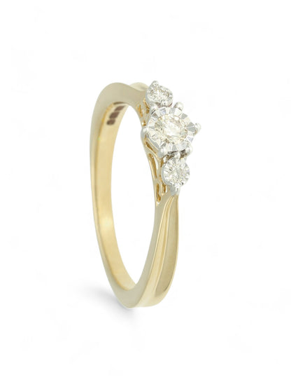 Diamond Three Stone Miracle Plate Ring 0.15ct Round Brilliant Cut in 9ct Yellow Gold