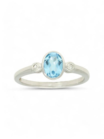 Blue Topaz & Diamond Three Stone Ring in 9ct White Gold