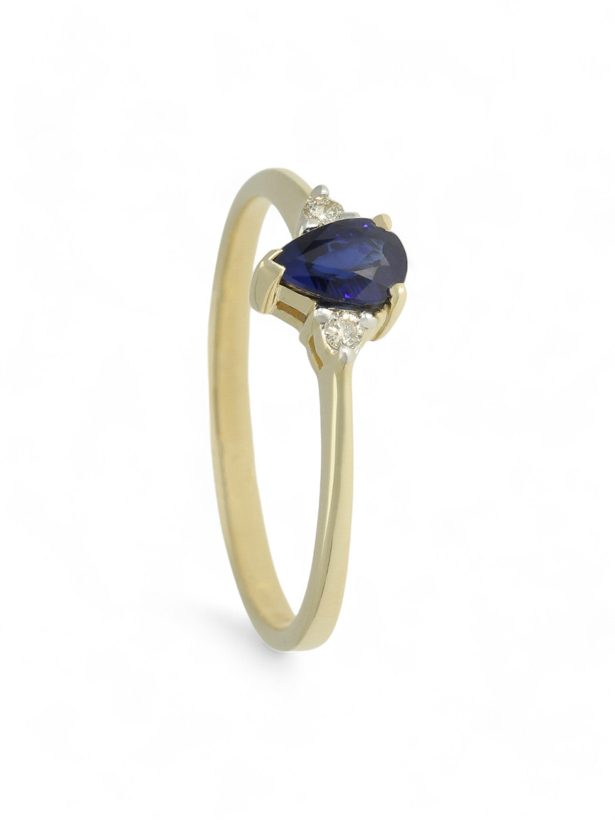 Sapphire & Diamond Three Stone Pear Cut Ring in 9ct Yellow Gold