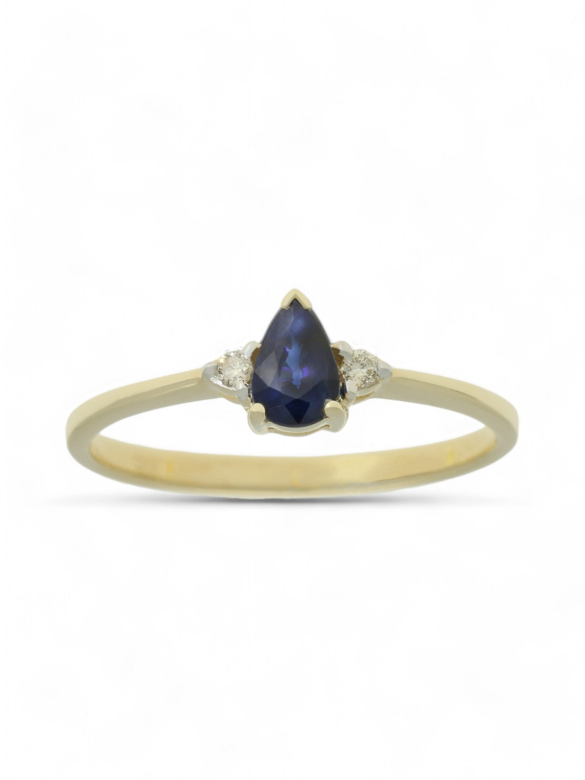 Sapphire & Diamond Three Stone Pear Cut Ring in 9ct Yellow Gold