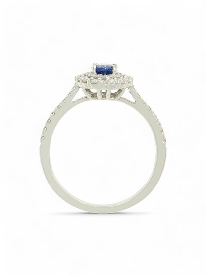 0.62ct Oval Cut Sapphire & 0.40ct Round Brilliant Cut Diamond Cluster Ring in 18ct White Gold with Diamond Shoulders