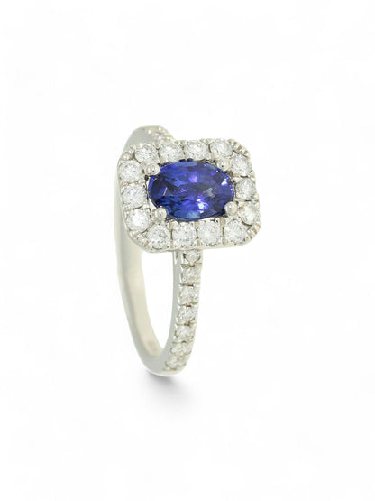 0.93ct Oval Cut Sapphire & 0.53ct Round Brilliant Cut Diamond Cluster Ring in 18ct White Gold with Diamond Shoulders