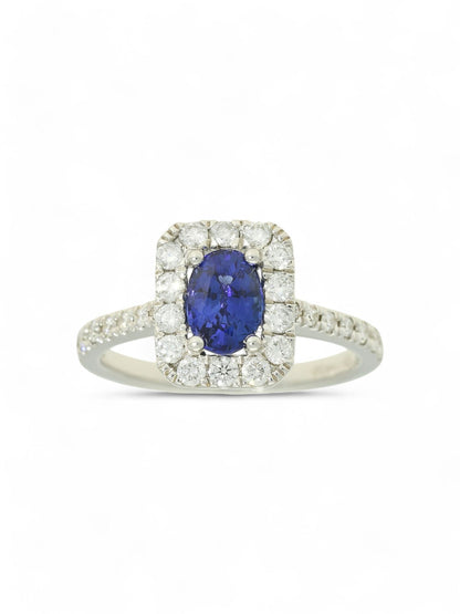 0.93ct Oval Cut Sapphire & 0.53ct Round Brilliant Cut Diamond Cluster Ring in 18ct White Gold with Diamond Shoulders