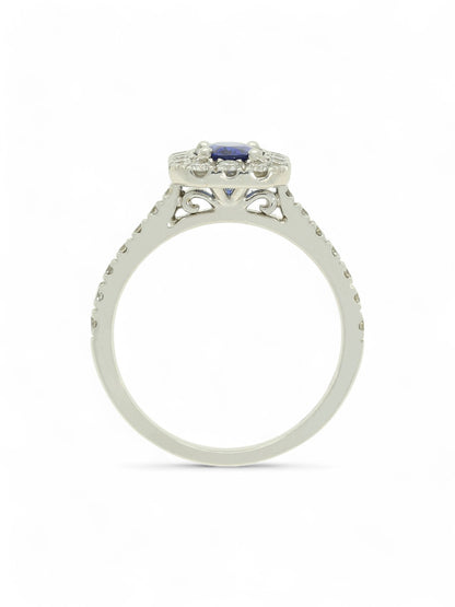0.93ct Oval Cut Sapphire & 0.53ct Round Brilliant Cut Diamond Cluster Ring in 18ct White Gold with Diamond Shoulders