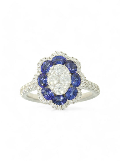 Sapphire & Diamond Cluster Ring with 1.04ct Oval Sapphires & 0.72ct Round Brilliant Diamonds in 18ct White Gold with Diamond Shoulders