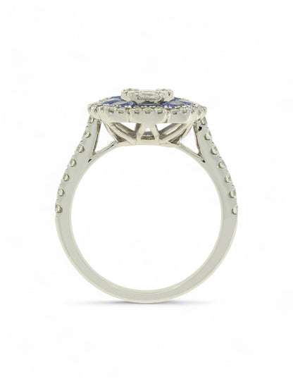 Sapphire & Diamond Cluster Ring with 1.04ct Oval Sapphires & 0.72ct Round Brilliant Diamonds in 18ct White Gold with Diamond Shoulders