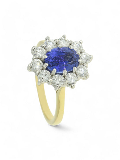 1.85ct Oval Cut Sapphire & 0.86ct Round Brilliant Cut Diamond Cluster Ring in 18ct Yellow & White Gold
