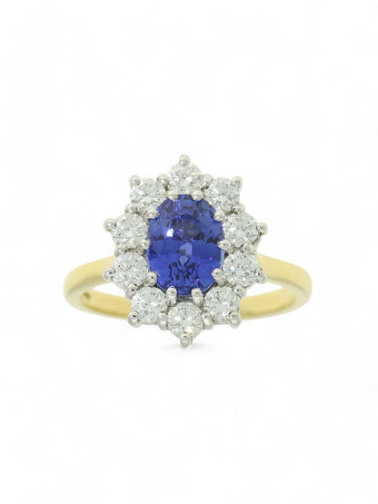 1.85ct Oval Cut Sapphire & 0.86ct Round Brilliant Cut Diamond Cluster Ring in 18ct Yellow & White Gold