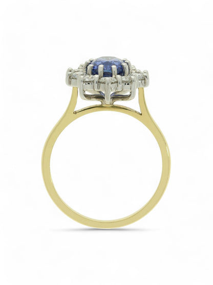 1.85ct Oval Cut Sapphire & 0.86ct Round Brilliant Cut Diamond Cluster Ring in 18ct Yellow & White Gold