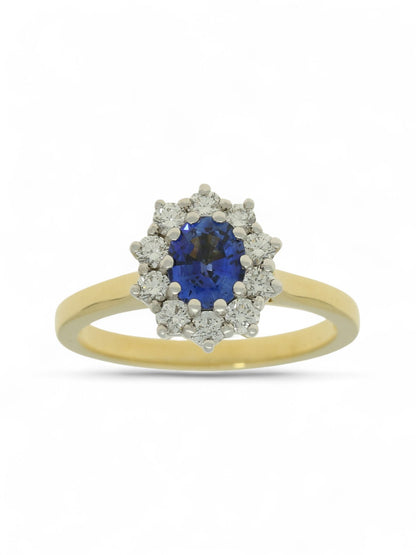 0.79ct Oval Cut Sapphire & 0.43ct Round Brilliant Cut Diamond Cluster Ring in 18ct Yellow and White Gold