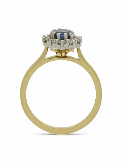 0.79ct Oval Cut Sapphire & 0.43ct Round Brilliant Cut Diamond Cluster Ring in 18ct Yellow and White Gold