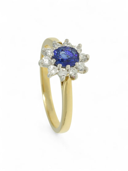 0.67ct Oval Cut Sapphire & 0.30ct Round Brilliant Cut Diamond Cluster Ring in 18ct Yellow and White Gold