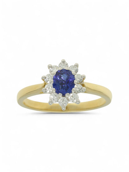 0.67ct Oval Cut Sapphire & 0.30ct Round Brilliant Cut Diamond Cluster Ring in 18ct Yellow and White Gold