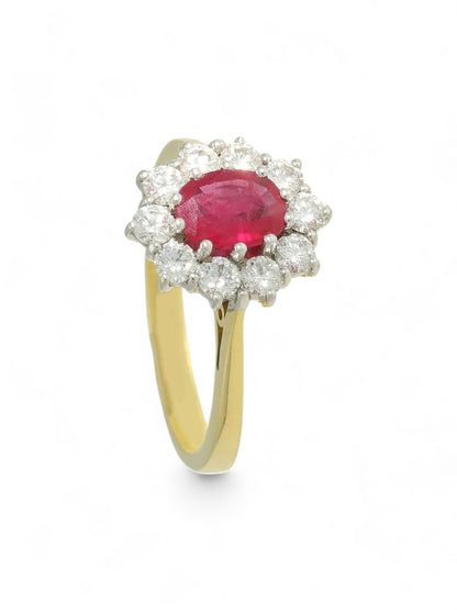 0.65ct Oval Cut Ruby & 0.62ct Round Brilliant Cut Diamond Cluster Ring in 18ct Yellow & White Gold