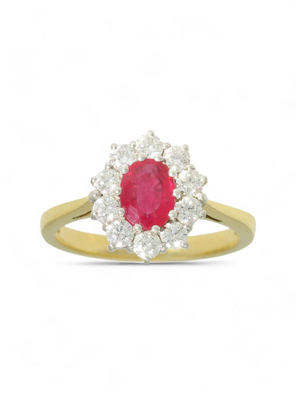 0.65ct Oval Cut Ruby & 0.62ct Round Brilliant Cut Diamond Cluster Ring in 18ct Yellow & White Gold