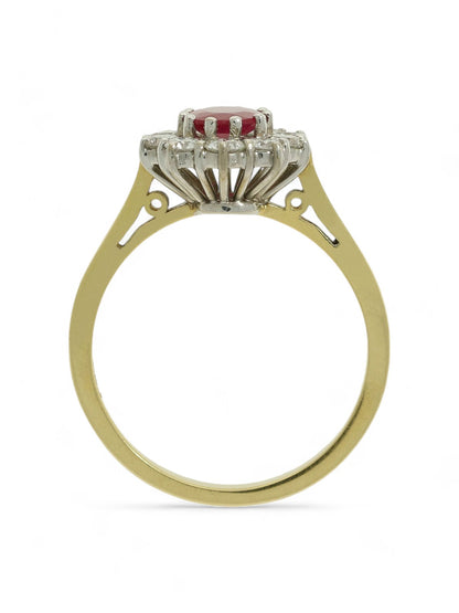 0.65ct Oval Cut Ruby & 0.62ct Round Brilliant Cut Diamond Cluster Ring in 18ct Yellow & White Gold