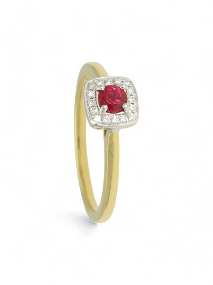 0.27ct Round Brilliant Cut Ruby & 0.08ct Diamond Cluster Ring in 18ct Yellow & White Gold