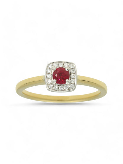 0.27ct Round Brilliant Cut Ruby & 0.08ct Diamond Cluster Ring in 18ct Yellow & White Gold