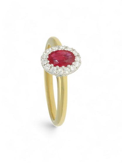 0.55ct Oval Cut Ruby & 0.16ct Diamond Cluster Ring in 18ct Yellow & White Gold