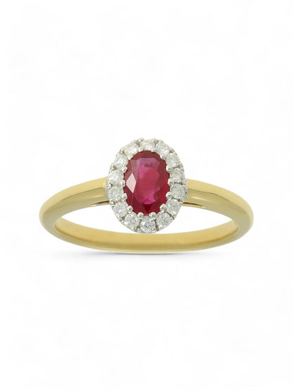 0.55ct Oval Cut Ruby & 0.16ct Diamond Cluster Ring in 18ct Yellow & White Gold