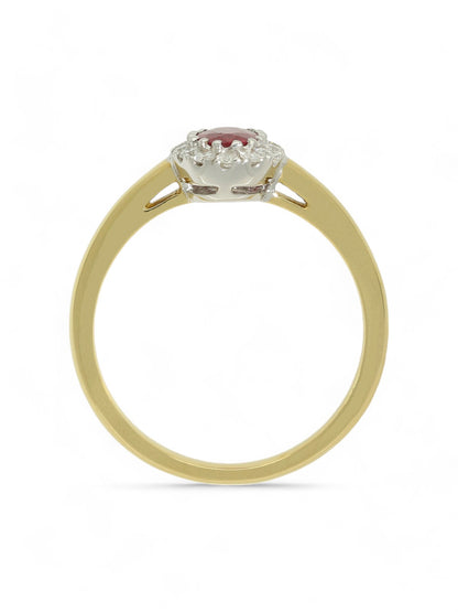 0.55ct Oval Cut Ruby & 0.16ct Diamond Cluster Ring in 18ct Yellow & White Gold