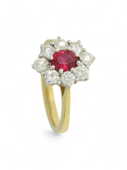 Ruby & Diamond Cluster Ring with 0.75ct Oval Ruby & 0.91ct Round Brilliant Diamonds in 18ct Yellow & White Gold