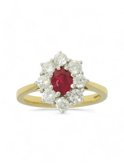 Ruby & Diamond Cluster Ring with 0.75ct Oval Ruby & 0.91ct Round Brilliant Diamonds in 18ct Yellow & White Gold