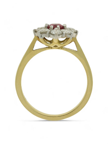 Ruby & Diamond Cluster Ring with 0.75ct Oval Ruby & 0.91ct Round Brilliant Diamonds in 18ct Yellow & White Gold