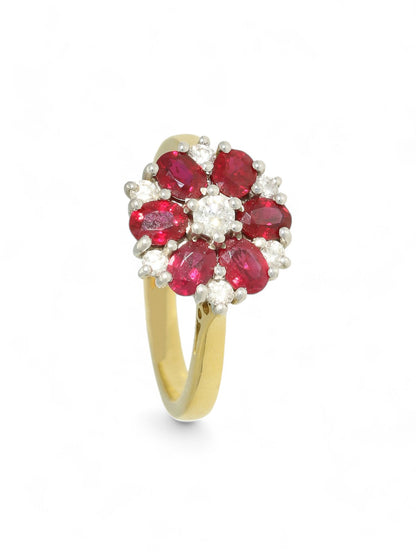 1.18ct Oval Cut Ruby & 0.24ct Round Brilliant Cut Diamond Cluster Ring in 18ct Yellow & White Gold