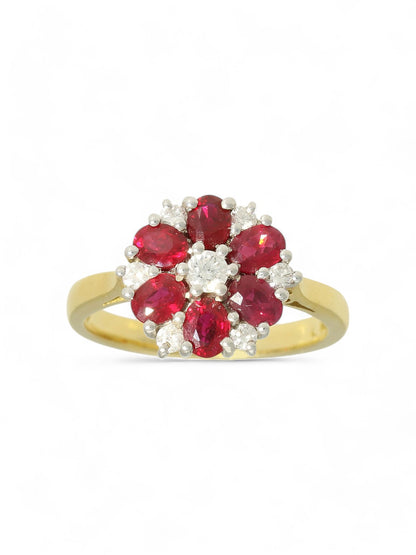 1.18ct Oval Cut Ruby & 0.24ct Round Brilliant Cut Diamond Cluster Ring in 18ct Yellow & White Gold
