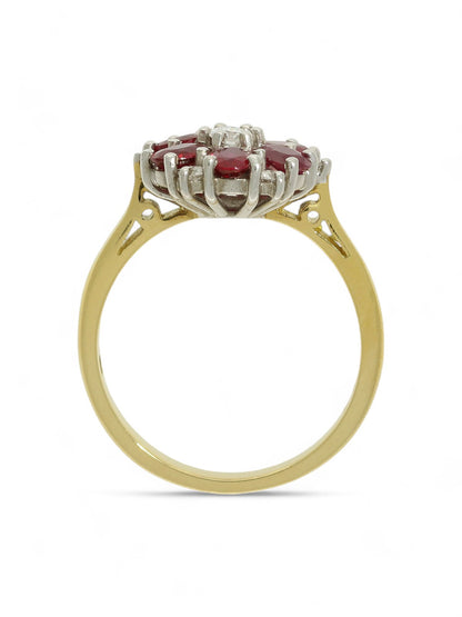 1.18ct Oval Cut Ruby & 0.24ct Round Brilliant Cut Diamond Cluster Ring in 18ct Yellow & White Gold