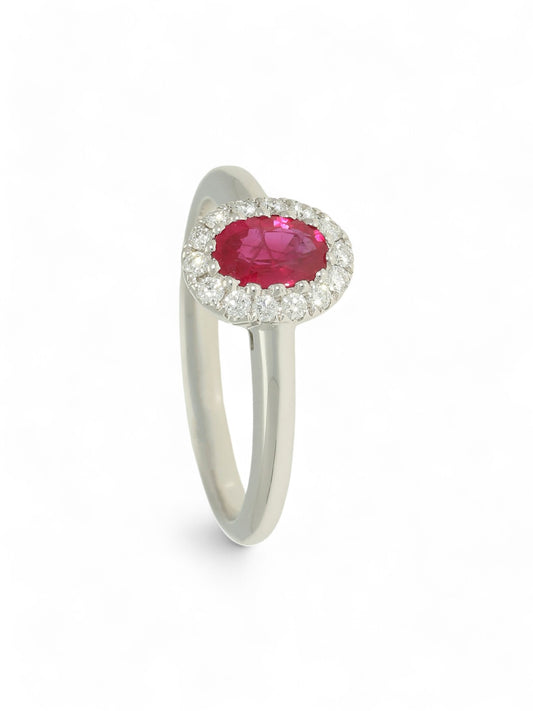 Ruby & Diamond Oval Halo Ring in 18ct White Gold