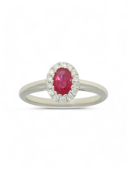 0.55ct Oval Cut Ruby & 0.15ct Diamond Cluster Ring in 18ct White Gold