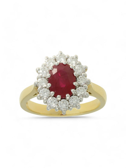 1.52ct Oval Cut Ruby & 0.74ct Round Brilliant Cut Diamond Cluster Ring in 18ct Yellow & White Gold